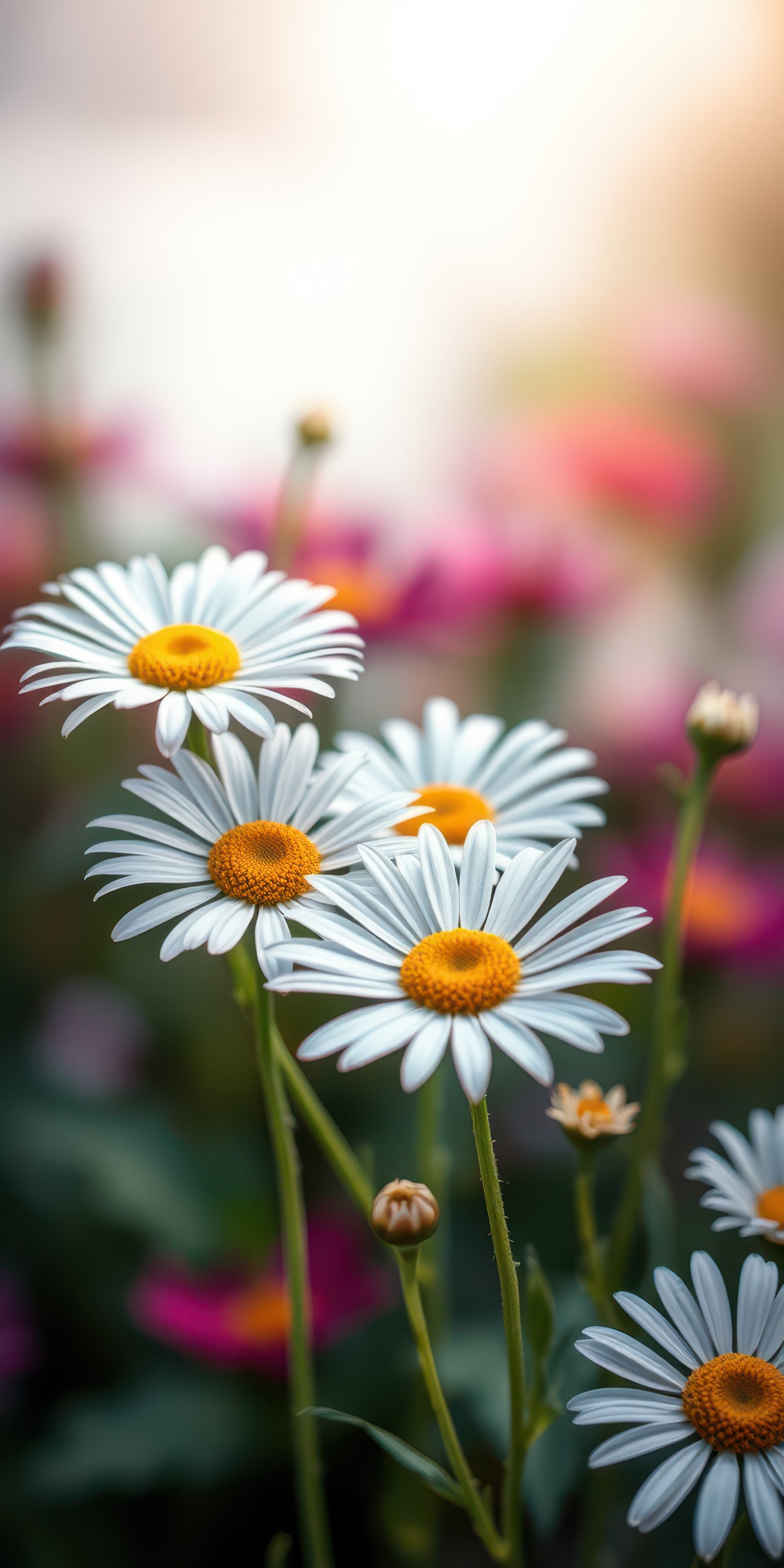 Bright and vibrant daisies blooming in a colorful garden during golden hour capturing nature's beauty